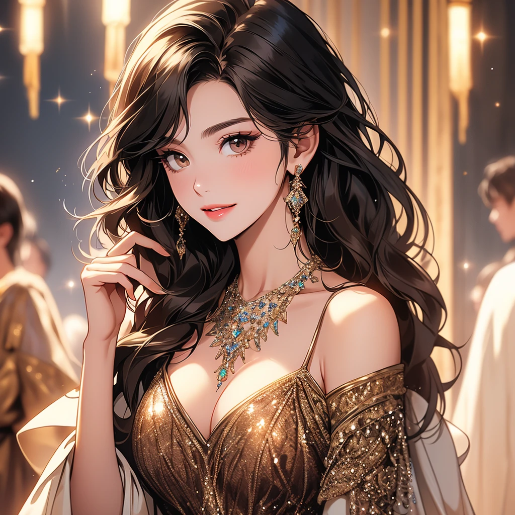 Princess , in castle, high quality, super quality, (detailed face:1.4) ,beautiful woman , golden eyes, long blonde hair , tight gorgeous dress, tiara, necklace , earring , sharpe eyebrow , beautiful bangs are covering her eyes , huge breast  ,upper body  , smile , nipple 