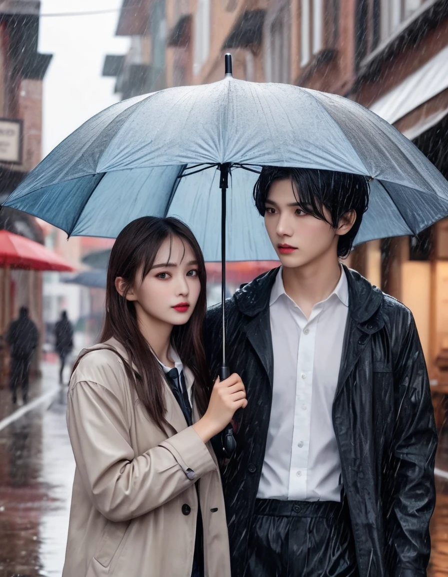 Woman gets into an umbrella held by a wet man, (perfect umbrella shape), ((realistic, masterpiece, Best Quality, 8K, high resolution:1.3)), photorealistic, (illustration:0.7), extremely fine, extremely detailed CG, good anatomy, long hair girl, detailed face, detailed eyes, Cat eyes girl, beautiful detailed lips girl, long eyelashes girl, detailed hair, Model body type, beautiful standing figures, wet clothes boy, real rain, wet hair boy, cityscape with fashionable cafes,