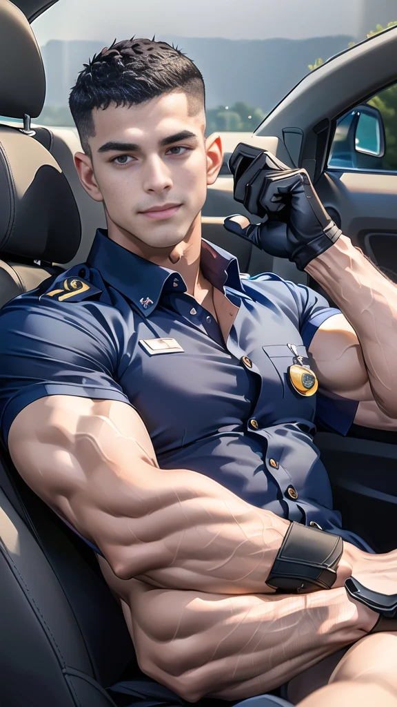 (Create a masterpiece: 1.2),(CGI art:1.3),(realistic:1.5),(After processing:1.3),(Sharp focus:1.3), 1 man holds the steering wheel of a car ,(crew cut short hair:1.8),black eye, smile,(navy police uniform outsite :1.5),(shirt short sleeves:1.5),collar,(shirt covered over:1.2),(name tag and Police badge:1.3),(shirt no buttons:1.1),(black_gloves:1.3),
(Navy blue cargo:1.2), Korean guy , korean men, (High gloss details), chest muscles, large arm muscles, blood vessel, Big muscles, Broad shoulders, looking at the audience, Balancing the eyes, middle of the road, (drive a car: 1.5), (in the car: 1.3), , middle of the road