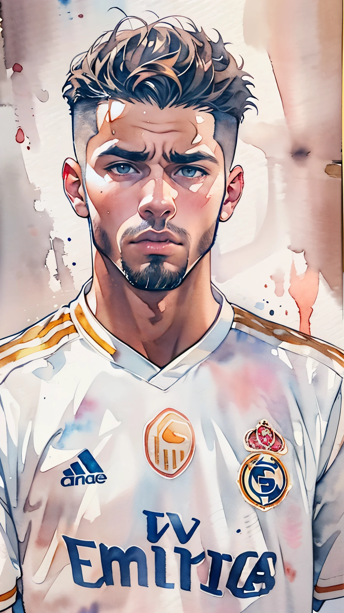 (masterpiece:1.2, Highest quality),(Very detailed),(((watercolor))),8K,wallpaper,(Real Madrid uniform),(Soccer Shoes),26 years old,Black man,Dribbling,(((front))),(((whole body:1.5))),(Serious),((Detailed hand drawing)),(((透明watercolor))),(((Dynamic Dribble)))