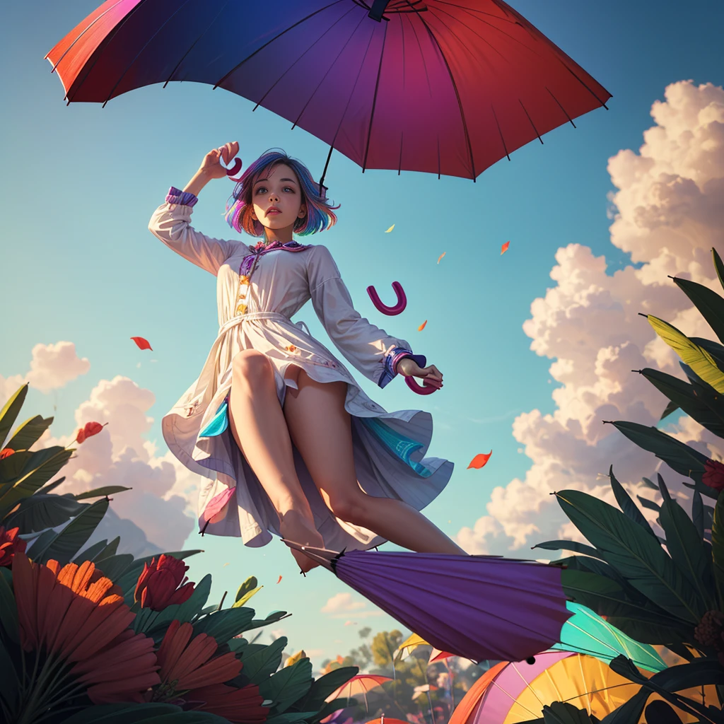 Full body portrait、(Girl floating in the air with a big colorful umbrella:1.9)、Low angle view、Blue sky background、(Highest quality、4K、8K、High resolution、masterpiece:1.2)、Super detailed、(Real、Photorealistic、Photorealistic:1.37)、Fantasy、magical realism、dream-like、Whimsical、Bright colors、Dramatic lighting、Soft Focus、Cinematic、Intricate details、A wonderful composition