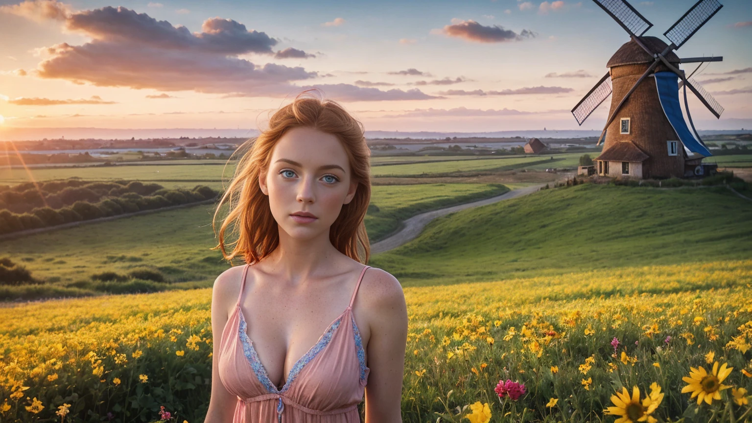 a European girl touching her hair, blue eyes, short pink semi-transparent sundress, skinny, showing cleavage, ginger hair, freckled face, standing in a colourful flower field(Blue, Red, Yellow flowers), (a huge mansion in the distance), sunset, windy, high quality photo, photo realistic, extremely detailed, highly detailed face, ultra HD, dark realistic film shader