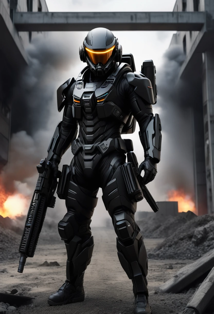 Draw a special forces soldier in a futuristic ultra-modern black matte exoskeleton suit, full length, without unnecessary people and characters in the frame, the figure of a fighter holds only one weapon in the form of a futuristic machine gun in both hands, without a pistol is in the middle of the frame and walks straight, In the background there is a factory and a military base , explosions Style realistic photo, deep detail
