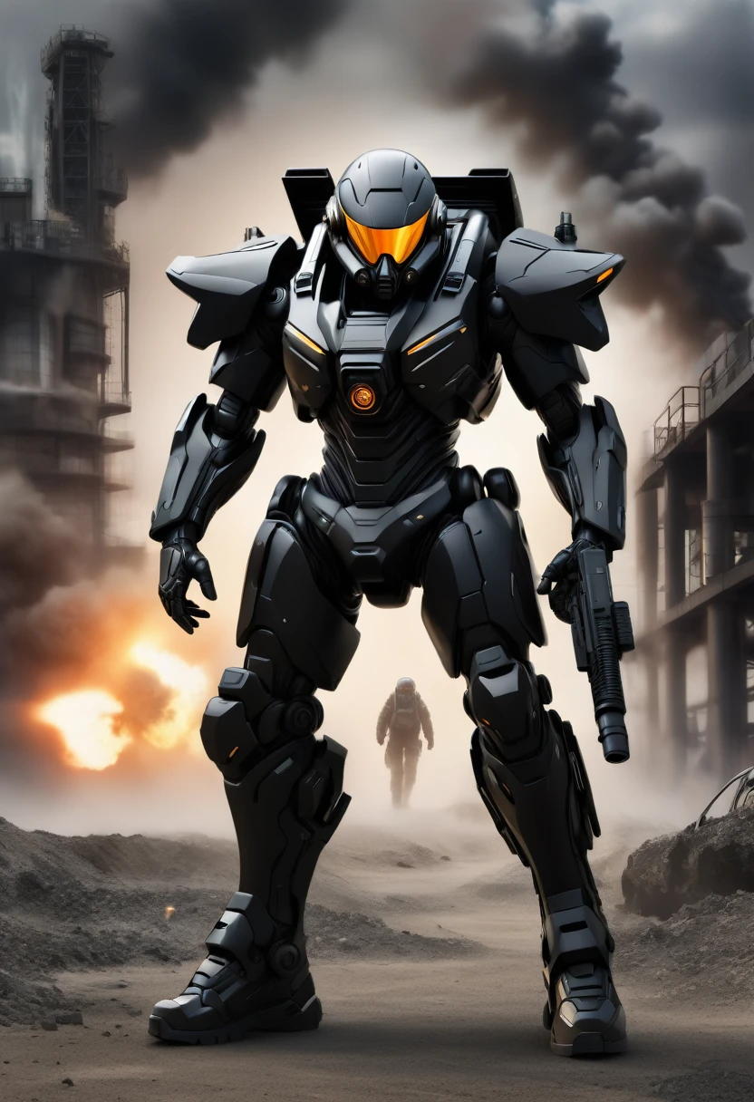 Draw a special forces soldier in a futuristic ultra-modern black matte exoskeleton suit, full length, without unnecessary people and characters in the frame, the figure of a fighter holds only one weapon in the form of a futuristic machine gun in both hands, without a pistol is in the middle of the frame and walks straight, In the background there is a factory and a military base , explosions Style realistic photo, deep detail
