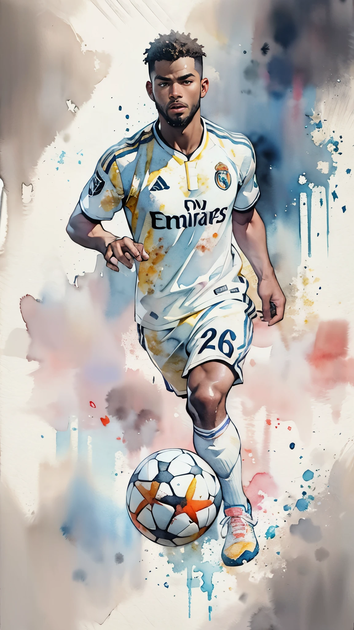 (masterpiece:1.2, Highest quality),(Very detailed),(((watercolor))),8K,wallpaper,(Real Madrid uniform),(Soccer Shoes),26 years old,Black man,Dribbling,(((front))),(((whole body:1.5))),(Serious),((Detailed hand drawing)),((透明watercolor)),(((Dynamic Dribble)))