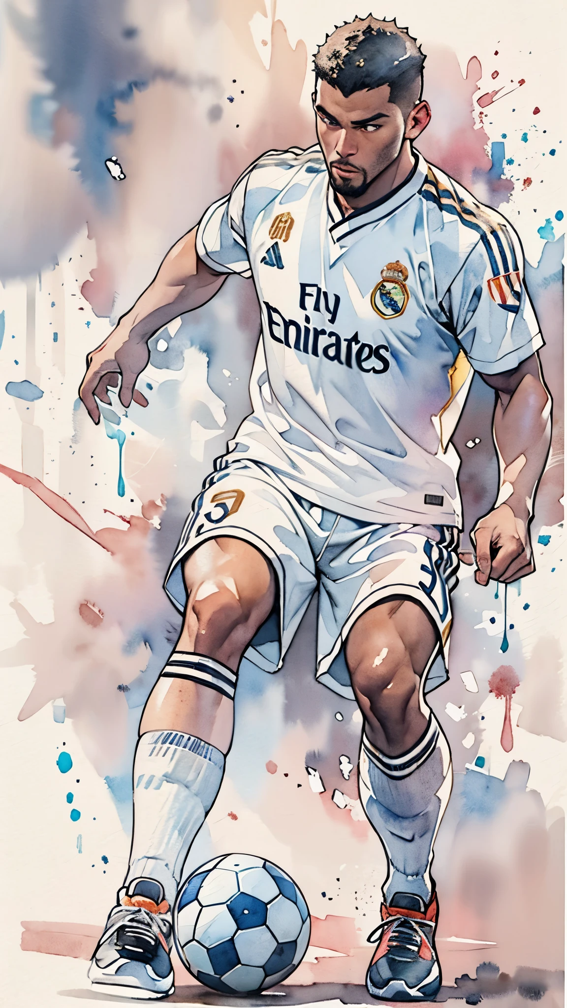 (masterpiece:1.2, Highest quality),(Very detailed),(((watercolor))),8K,wallpaper,(Real Madrid uniform),(Soccer Shoes),26 years old,Black man,Dribbling,(((front))),(((whole body:1.5))),(Serious),((Detailed hand drawing)),((透明watercolor)),(((Dynamic Dribble)))