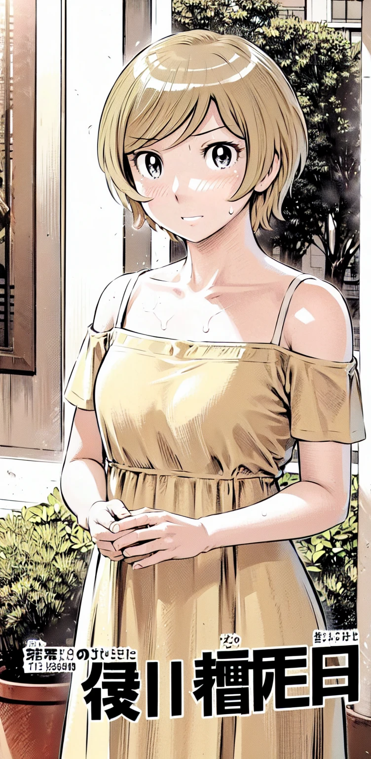 、(masterpiece、Highest quality)、Highest quality, Ultra-high resolution, (((masterpiece))), alone, Sweat、Big eyes,Show Viewer,
blonde,(short hair:1.2), (Highest quality:1.3),One Girl,Private Server、Floral dress、nature、Off the shoulder、Embarrassed face
