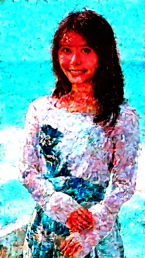 A girl standing by the sea, looking out at the ocean with a slightly melancholic expression, full shot body photo of the most beautiful artwork in the world featuring beautiful girl standing next to the sea in a long dress and smiling. High detail of a sea breeze and wind blowing on a summer day at sunset. Intricate, High Detail, Sharp focus, dramatic, photorealistic painting art by midjourney and greg rutkowski