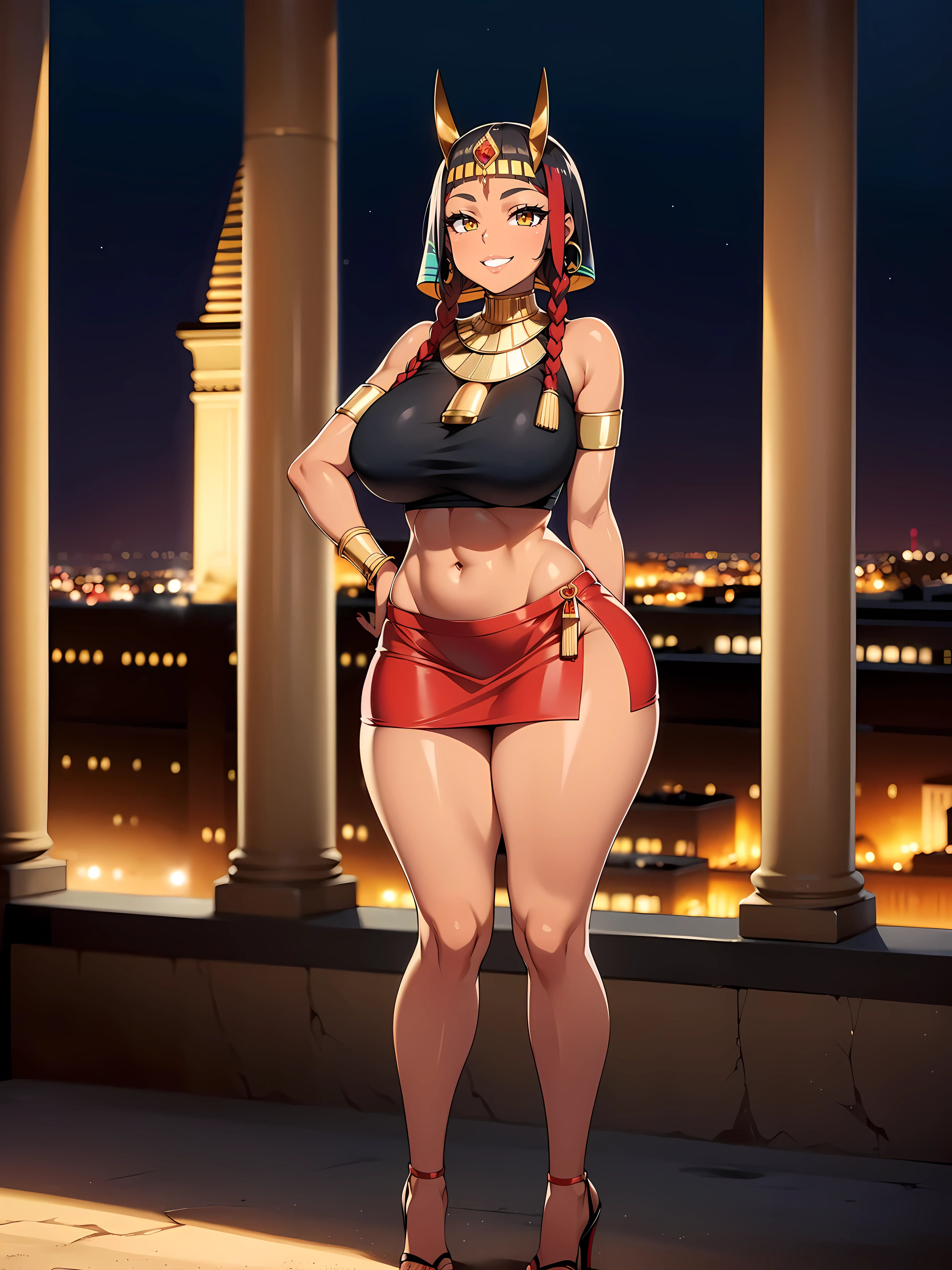 4K Quality, grinning, sexy pose, (black egyptian crop top and skirt), standing up, ((black and red braids)), (dark skinned), thick thighs, big breasted, big ass, looking at viewer, amber eyes, night time, bedroom eyes, full body, egyptian city background, perfect face, perfect body, perfect eyes,