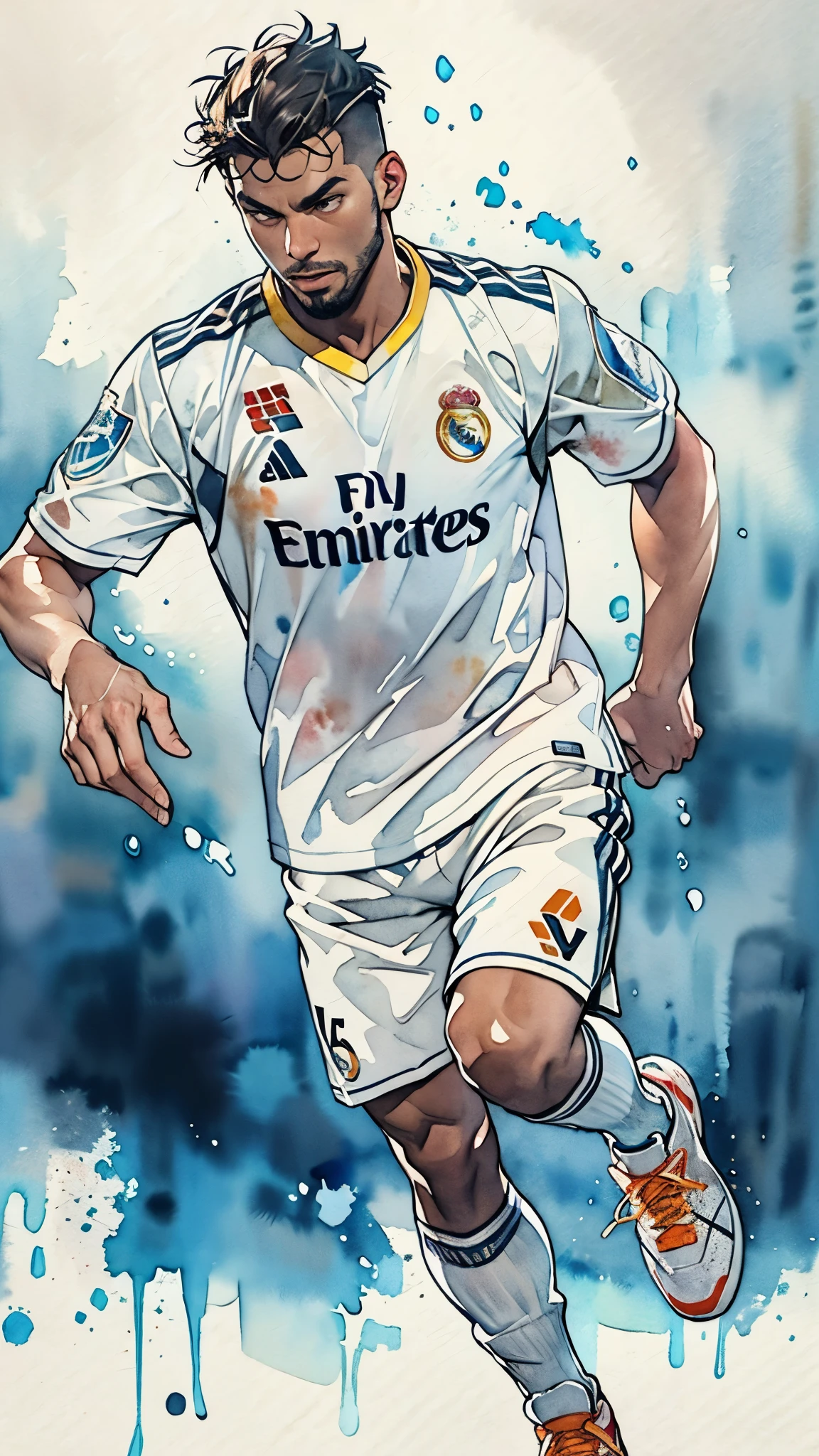 (masterpiece:1.2, Highest quality),(Very detailed),(((watercolor))),8K,wallpaper,(Real Madrid uniform),(Soccer Shoes),26 years old,Black man,Dribbling,(((front))),(((whole body:1.5))),(Serious),((Detailed hand drawing)),(透明watercolor),(((Dynamic Dribble)))