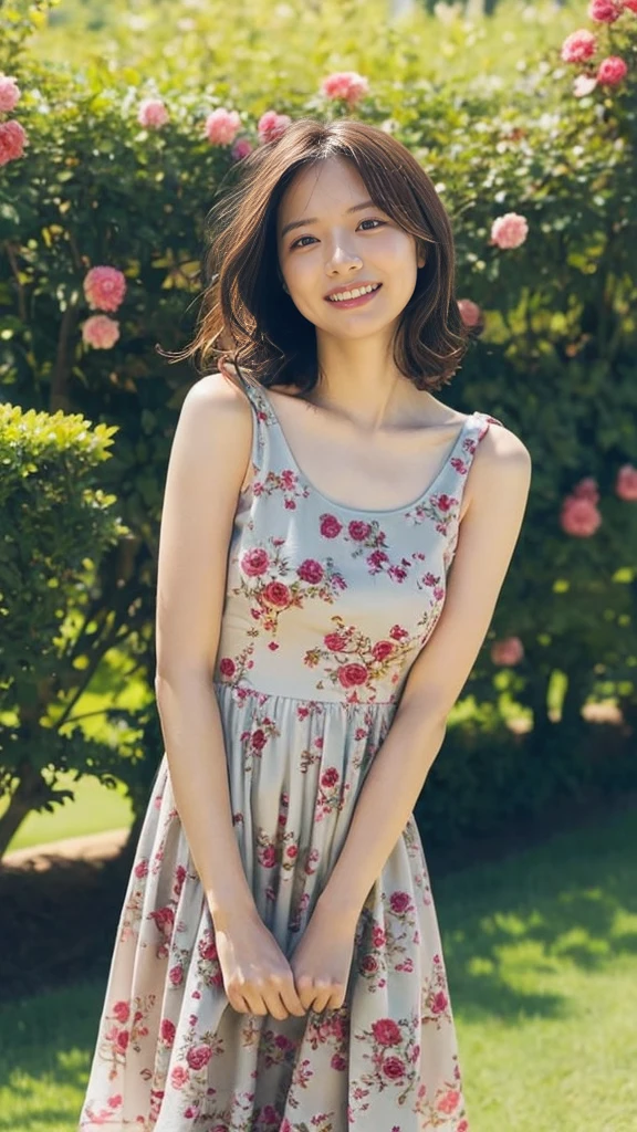 masterpiece, highest quality, disorganized, perfect anatomy, 1 girl, alone, pascal tales, short hair, beautiful, Hilarious, sunny day, botanical garden, Summer winds, sundress, Floral, wavy hair, smile