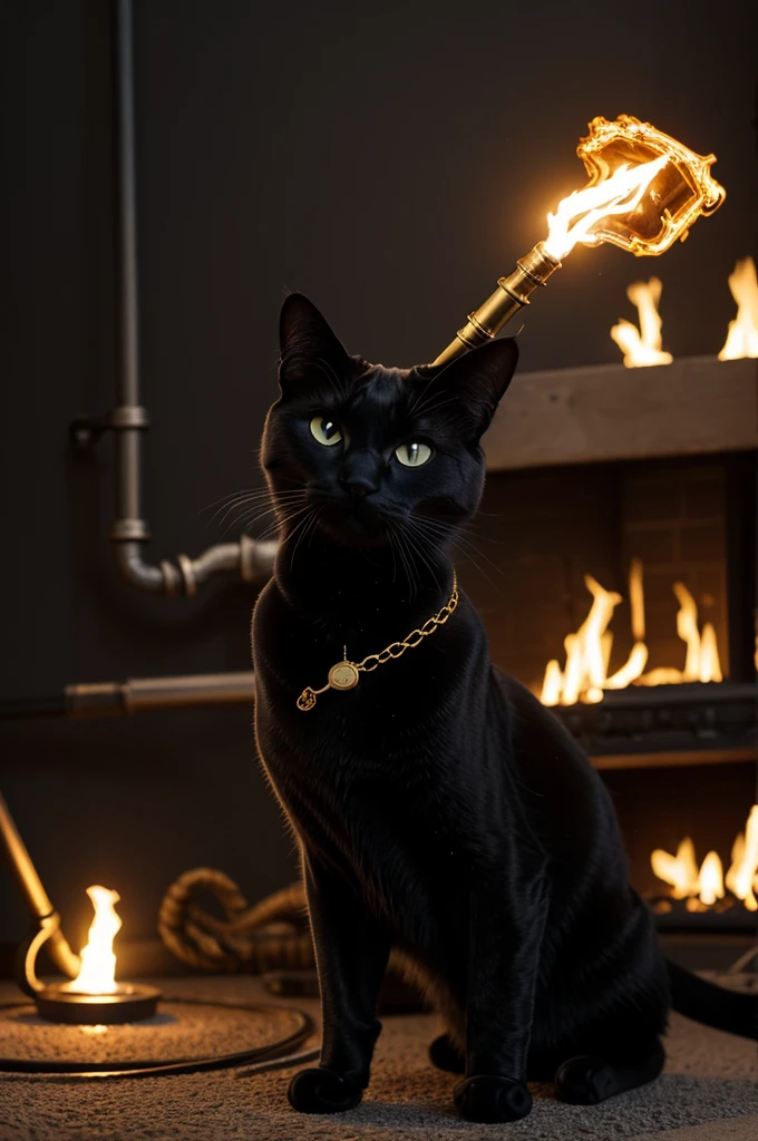 Anthropomorphic dog, Cat tail with collar, Masculine, Green mane of fire on head, cat skull head, black body, sitting on chair, no ears, big purple horns