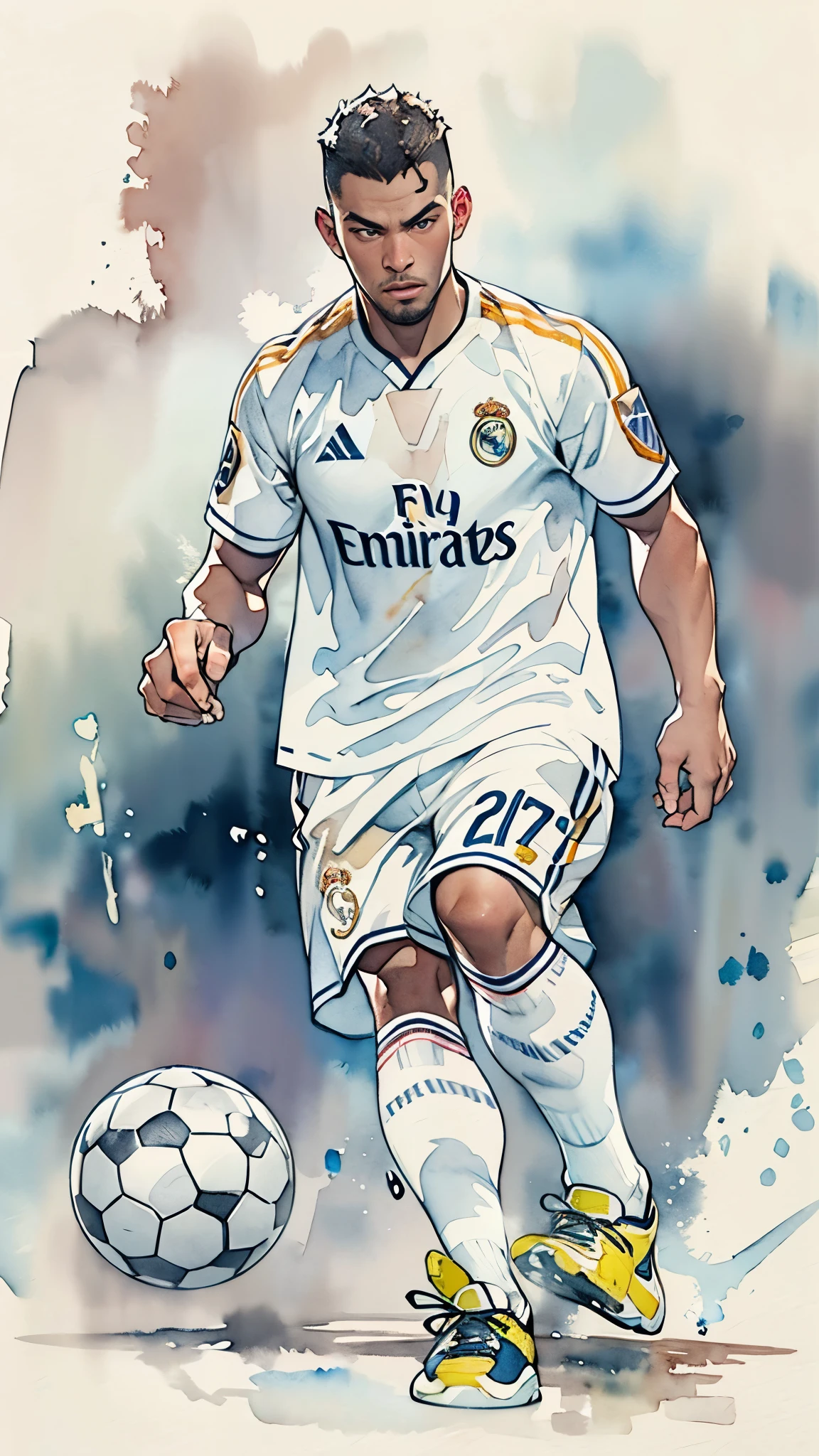 (masterpiece:1.2, Highest quality),(Very detailed),(((watercolor))),8K,wallpaper,(Real Madrid uniform),(Soccer Shoes),26 years old,Black man,Dribbling,(((front))),(((whole body:1.5))),(Serious),((Detailed hand drawing)),透明watercolor,(((Dynamic Dribble)))
