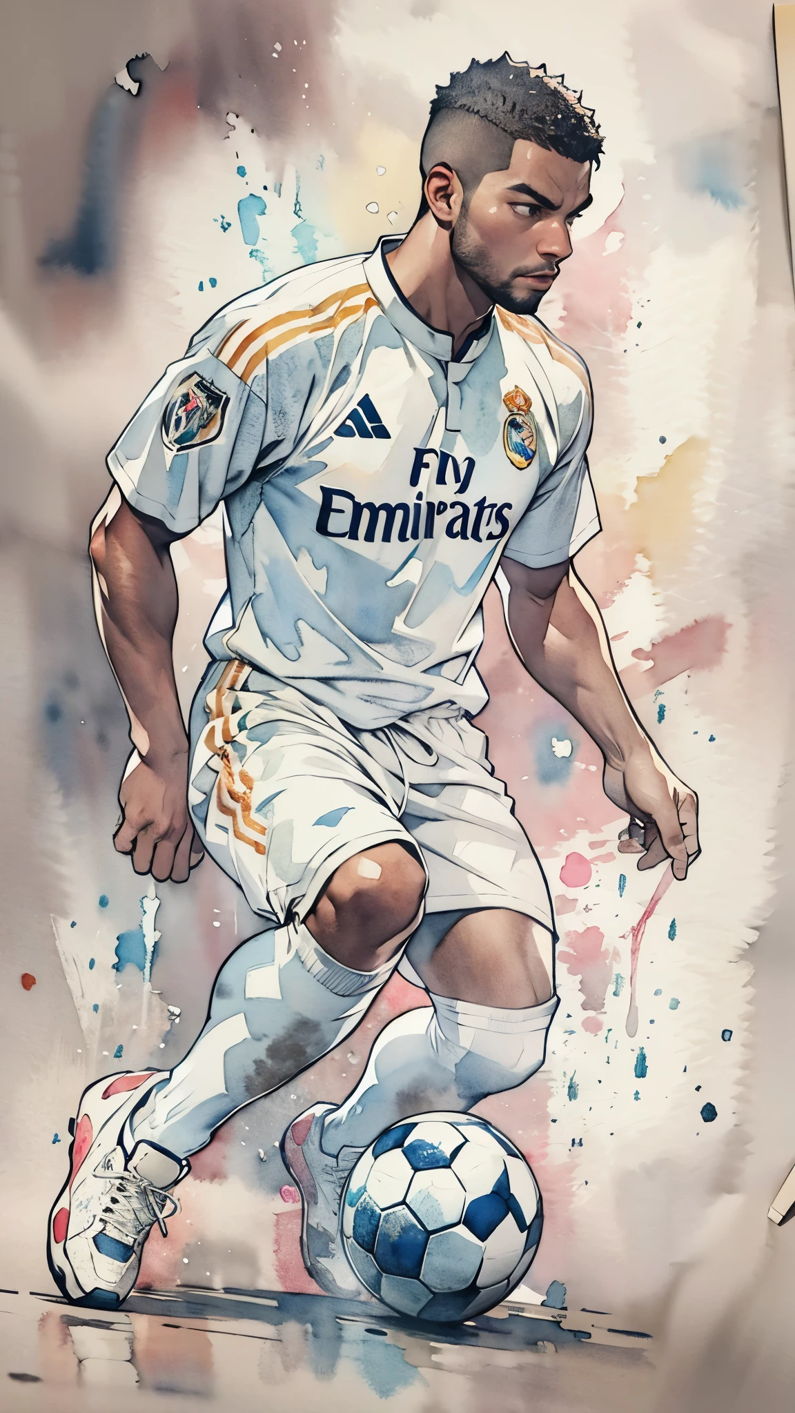 (masterpiece:1.2, Highest quality),(Very detailed),(((watercolor))),8K,wallpaper,(Real Madrid uniform),(Soccer Shoes),26 years old,Black man,Dribbling,(((front))),(((whole body:1.5))),(Serious),((Detailed hand drawing)),(((Dynamic Dribble)))