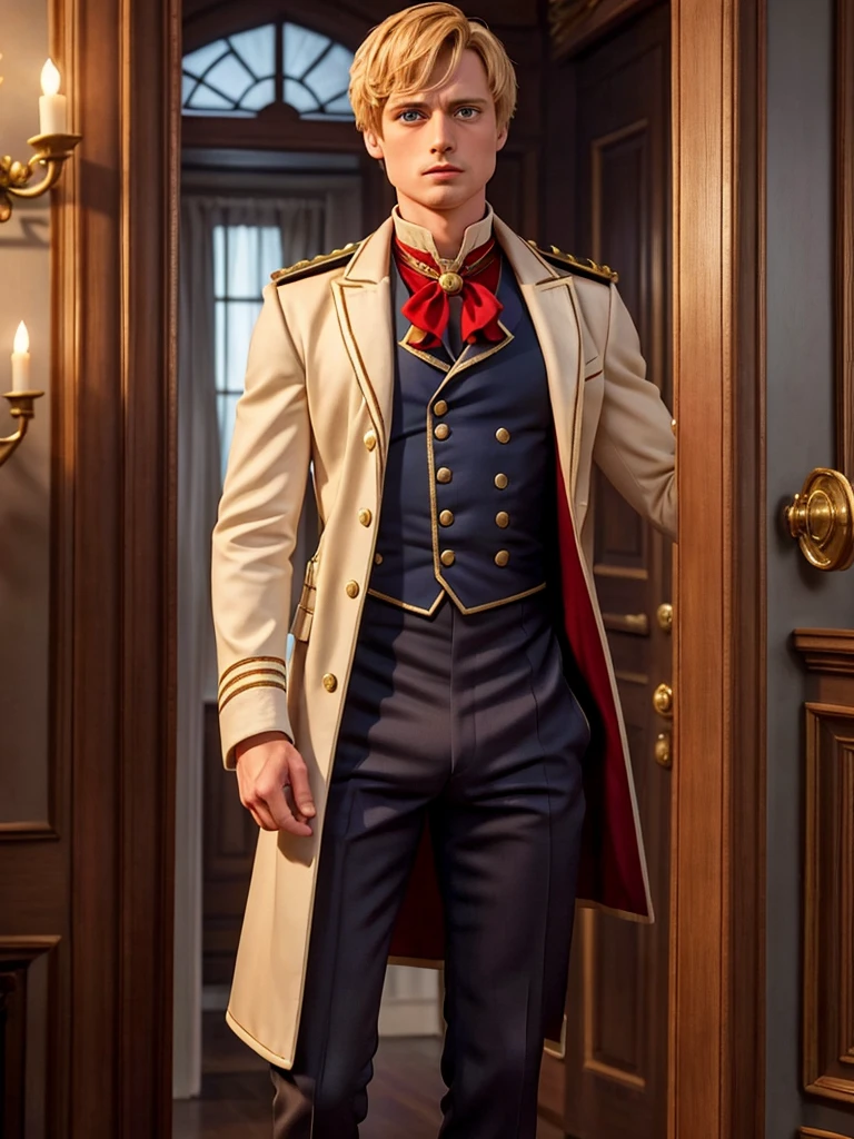 Bradley James handsome Victorian captain. The captain is 55 years old, muscular, blond, dressed in a ceremonial uniform, tight-fitting to his body and showing his muscles, buttoned up with all the buttons. His dreamy gaze is directed into the distance. The fly in the trousers is unbuttoned. Big and thick dick.