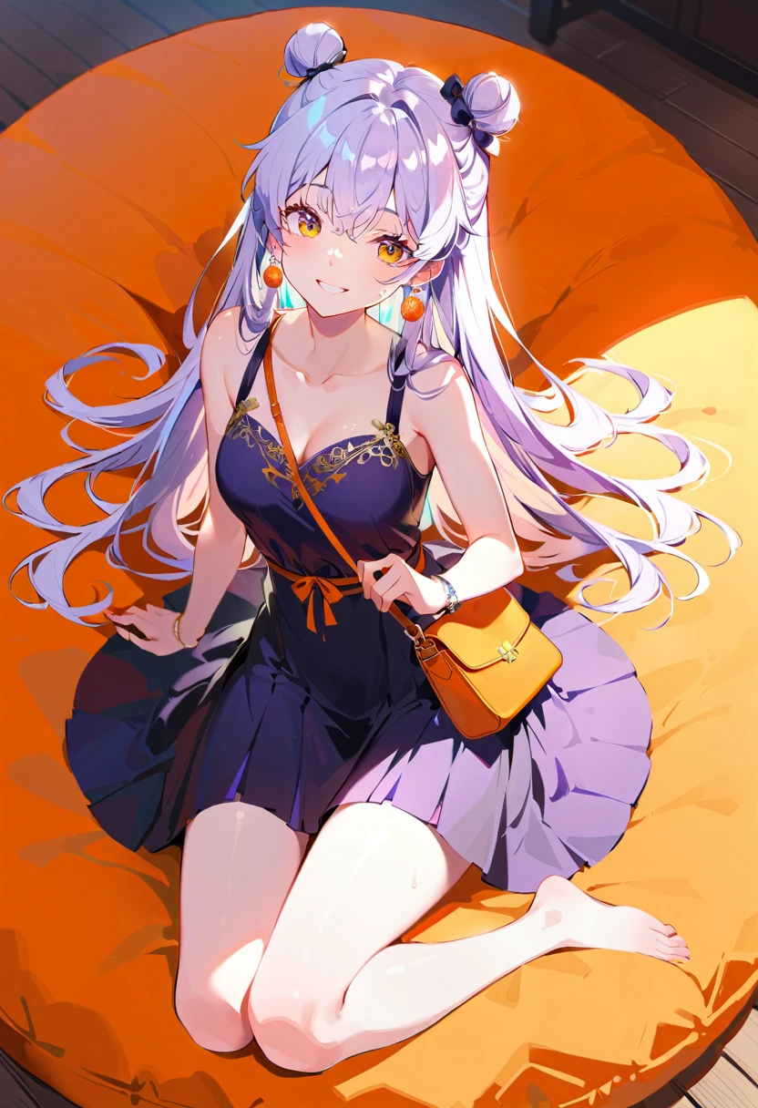 Purple hair girl painting、Glass mandarin orange earrings decorate both ears、Eye color: Ocean pink purple、Space Eyes、Poolside、(((Giant orange shaped cushion)))、((Hugging on a cushion))、Sit down, long hair、Bun Hair、Cool and complicated, Hand holding sliced orange, A very happy expression with plenty of orange juice、((The syringe contains orange juice))、Very embarrassed、The best smile、Open your mouth wide、Grin、目はclose、((Purple and black dress))、((Syringe Shoulder Bag)), Fun and lively characters, close( Perfect Anatomy )、Beautiful, translucent white skin、A purple dress slightly damp with sweat、Underwear is visible、quality\(8K,非常に精細なCGユニットのwallpaper, masterpiece,High resolution,top-quality,top-quality real texture skin,Super two-dimensional,Increase the resolution,RAW Photos,最高quality,Very detailed,wallpaper,Ray-tracing,Golden Ratio\),[Browsing Caution]、White and orange theme、Everything is orange except for the outfit, hairstyle, and eye color.、barefoot