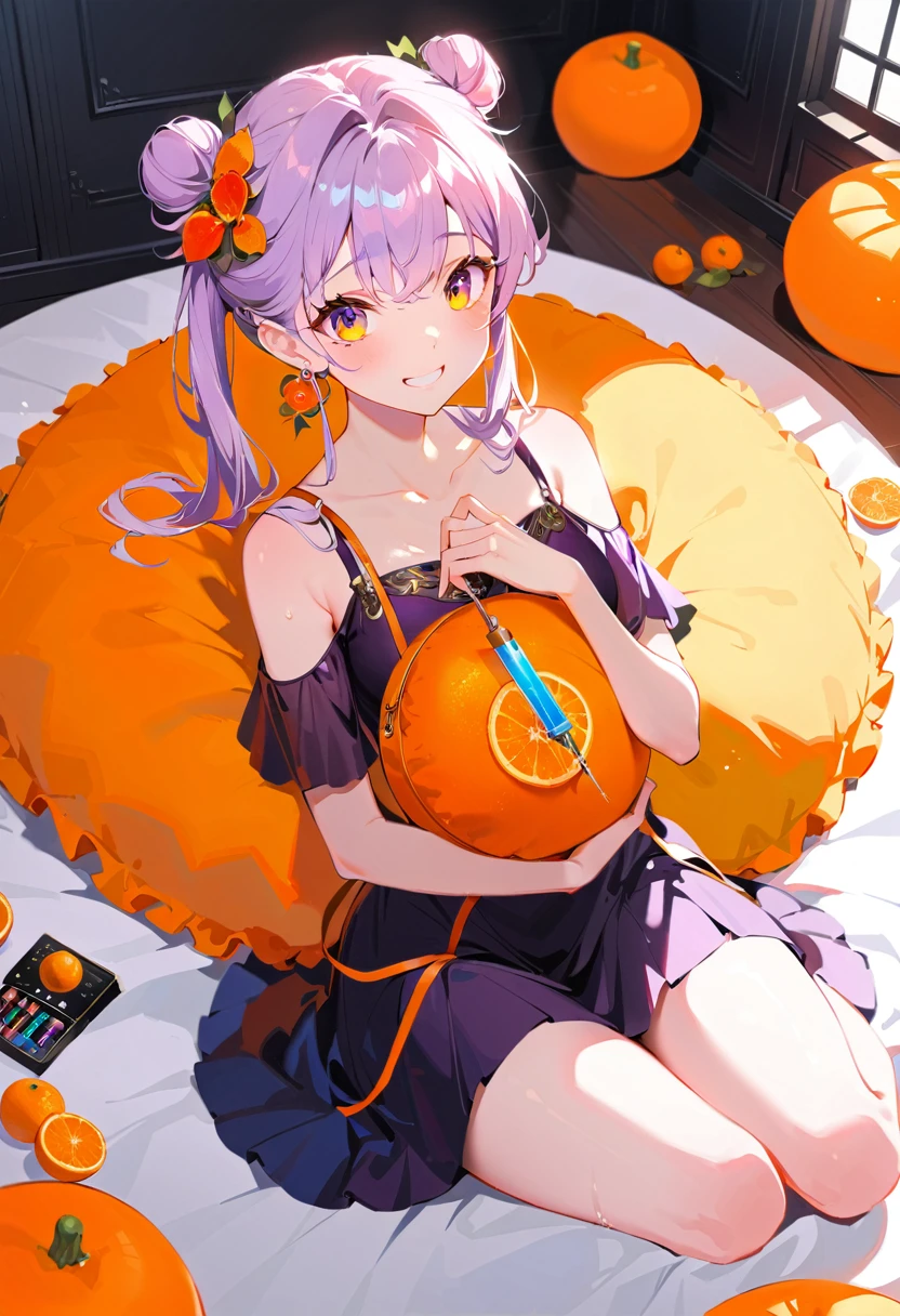 Purple hair girl painting、Glass mandarin orange earrings decorate both ears、Eye color: Ocean pink purple、Space Eyes、Inside the room、(((Giant orange shaped cushion)))、((Hugging on a cushion))、Sit down, long hair、Bun Hair、Cool and complicated, Hand holding sliced orange, A very happy expression with plenty of orange juice、((The syringe contains orange juice))、Very embarrassed、The best smile、Open your mouth wide、Grin、目はclose、((Purple and black dress))、((Syringe Shoulder Bag)), Fun and lively characters, close( Perfect Anatomy )、Beautiful, translucent white skin、A purple dress slightly damp with sweat、Underwear is visible、quality\(8K,非常に精細なCGユニットのwallpaper, masterpiece,High resolution,top-quality,top-quality real texture skin,Super two-dimensional,Increase the resolution,RAW Photos,最高quality,Very detailed,wallpaper,Ray-tracing,Golden Ratio\),[Browsing Caution]、White and orange theme、Everything is orange except for the outfit, hairstyle, and eye color.、barefoot、whole body