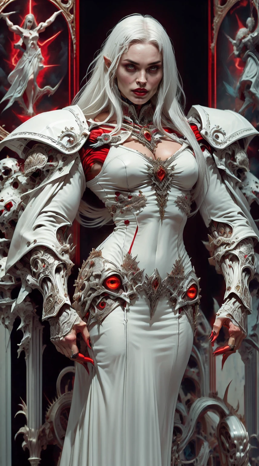 (megan fox), (muscular:1.5),(masterpiece:1.1), (best quality:1.1), ((full body view:1.25)), (ornate:1.1), (red and black coloring:1.26), BREAK, (horror:1.0), (esoteric:1.1), (solo:1.4), (dynamic angle:1.0), (cowboy shot:1.0), (woman:1.1),(very muscular bodybuilder girl:1.25), (huge upper body:1.25), (narrow hips:1.0), long hair, (gothic intricate vampiric armor:1.25), (gauntlets:1.0), (shoulder armor:1.1), ((tarot style frame:1.25)), (glowing red eyes:1.25), (huge muscular arms:1.5,) thin legs, Realistic, Very detailed face and eyes, masterpiece