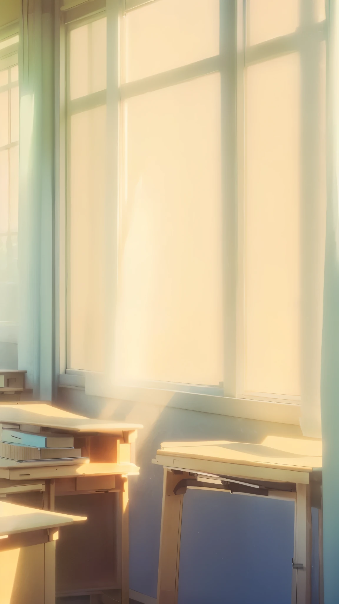 a classroom in japan with sunlight filtering through the windows, detailed studio ghibli-inspired art style, warm afternoon lighting, empty classroom with desks and chairs, sunlight glowing through the window, detailed interior scene, studio ghibli aesthetic, detailed sunlight and shadows, bright and airy room, makoto shinkai art style, desk, chairs, classroom, daytime, sunlight, sunset, windows,City View,Bright outside the window