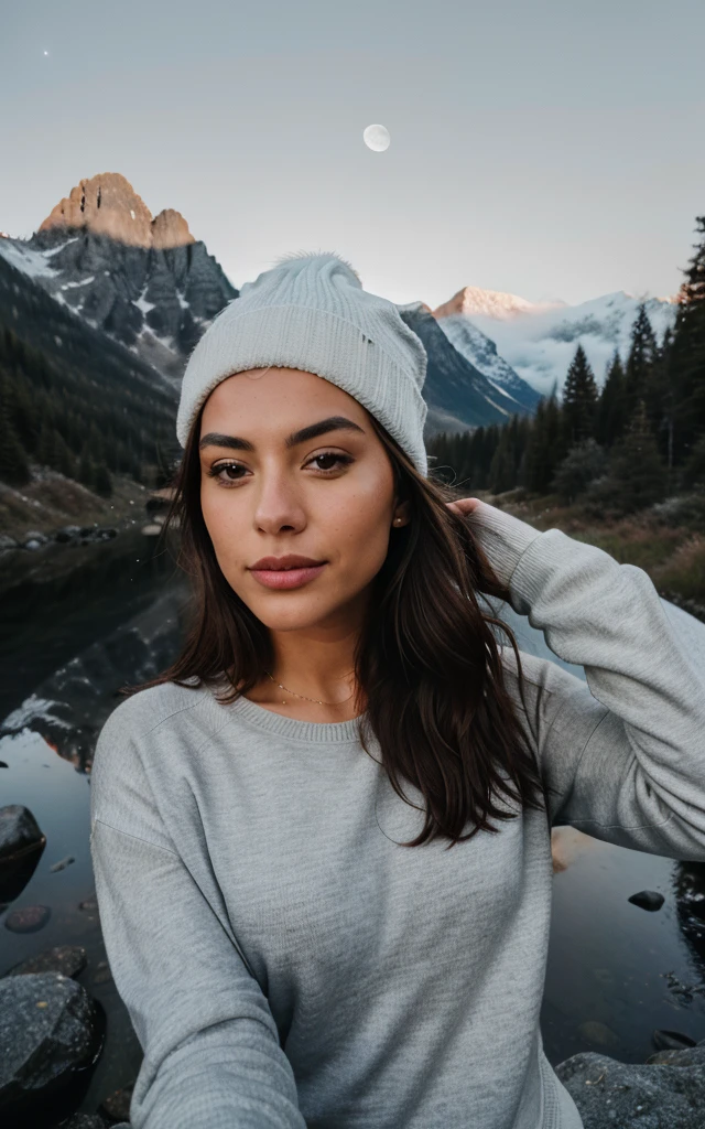 photorealistic, best quality, hyper detailed, beautiful woman, selfie photo, upper body, solo, wearing pullover, outdoors, (night), mountains, real life nature, stars, moon, (cheerful, happy), sleeping bag, gloves, sweater, beanie, flashlight, forest, rocks, river, wood, smoke, fog, clear sky, analog style, looking at viewer, skin texture, film grain, close up, ultra high res, best shadow, RAW, instagram LUT