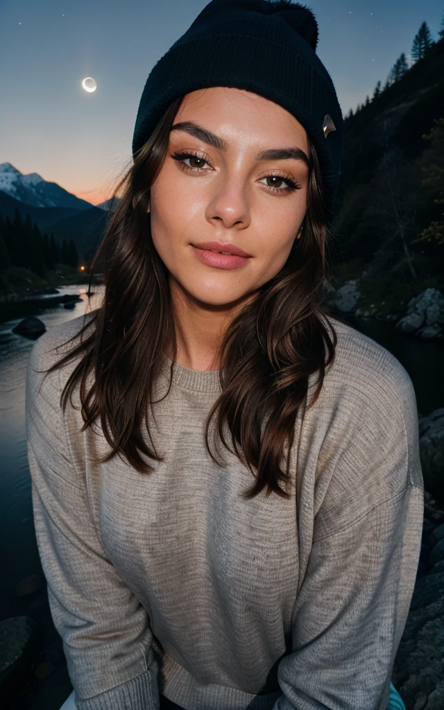 photorealistic, best quality, hyper detailed, beautiful woman, selfie photo, upper body, solo, wearing pullover, outdoors, (night), mountains, real life nature, stars, moon, (cheerful, happy), sleeping bag, gloves, sweater, beanie, flashlight, forest, rocks, river, wood, smoke, fog, clear sky, analog style, looking at viewer, skin texture, film grain, close up, ultra high res, best shadow, RAW, instagram LUT
