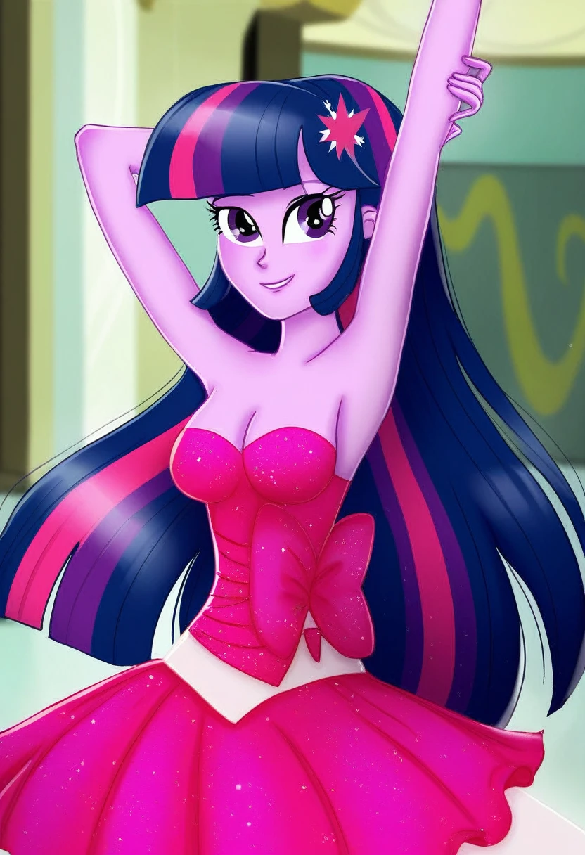 feral, 1girls, rainbow dash, solo, (show acurate, Equestria girls), club, night club, party, pole dancing stage, pole dancer, indoors, night, detailed, beautiful, female, vector, blushing, smiling, eyeless, dancing on pole, looking at you, t-shirt, red t-shirt glove, black glove, high heels, stockings, black stockings, pussy, microskirt, pink microskirt, sexy, shirt lift, exposed breasts, Big breasts 