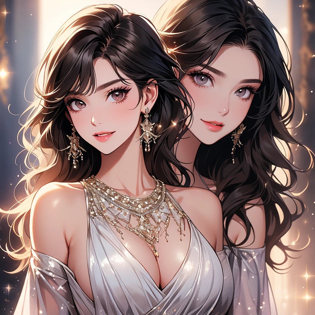 (It is a photo of the upper body), beautiful face, Highly detailed face and skin texture, (fine eyes), brown eyes, double eyelid, thin eyebrows, glitter eyeliner: 1.2, natural cheeks, shiny skin, Fair skin, (((wearing exotic dress))), sparkly necklace and earrings, (glossy lips: 1. 4), (enchanting smile), (20-year-old), (wavy hair, diagonal bangs), short hair, head band, ((upper body shot)), ((focus on chest and face)), off shoulder、huge breasts, looking at viewer, smiling
