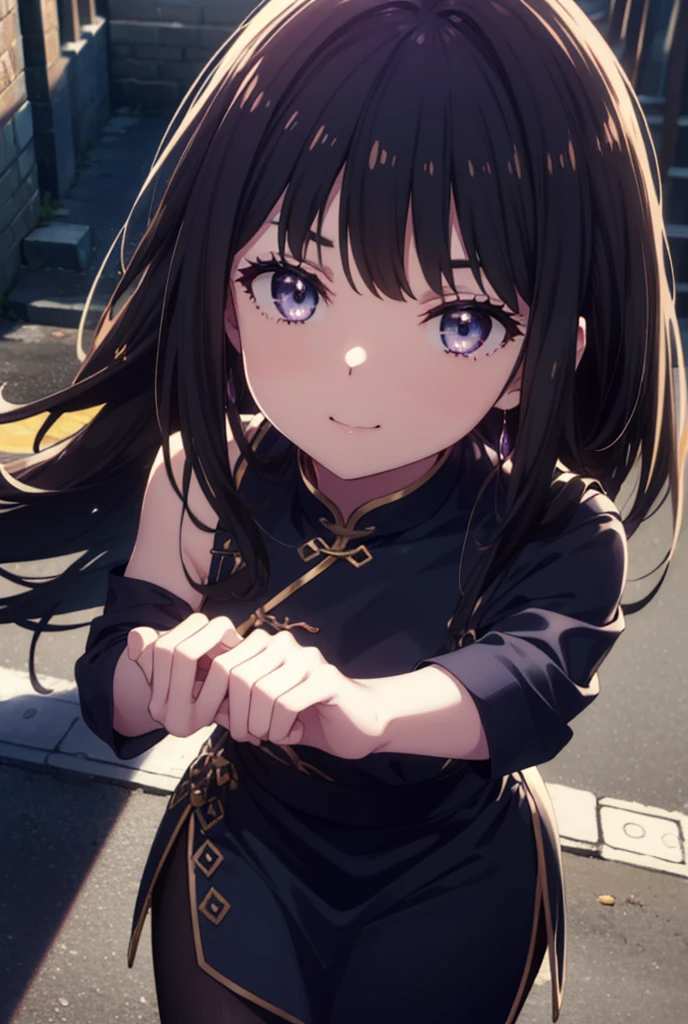 Takiuchi, Check it out, Long Hair, bangs, Black Hair, (Purple eyes:1.2),happy smile, smile, Close your mouth,Bossy,
Sleeveless blue Chinese dress,Blue long slit,Black pantyhose,Stiletto heels,whole bodyがイラストに入るように,Place your hands on your hips,
break outdoors,Building district,
break looking at viewer, whole body,
break (masterpiece:1.2), Highest quality, High resolution, unity 8k wallpaper, (shape:0.8), (Fine and beautiful eyes:1.6), Highly detailed face, Perfect lighting, Highly detailed CG, (Perfect hands, Perfect Anatomy),
break outdoors, city,
break looking at viewer, (Cowboy Shot:1.5),
break (masterpiece:1.2), Highest quality, High resolution, unity 8k wallpaper, (figure:0.8), (Beautiful attention to detail:1.6), Highly detailed face, Perfect lighting, Highly detailed CG, (Perfect hands, Perfect Anatomy),