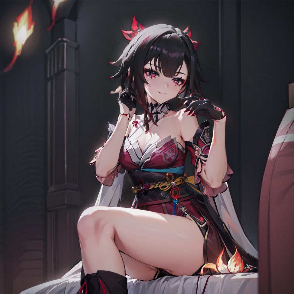 1girl, fire sparks (Honkai: Starchasm), twin tails, hair accessories, alone, off-shoulder kimono, mask on head, detached sleeves, necklace, heart, single glove, wrist cuff, crossed suspenders, thigh highs, blushing, sitting, cowboy shooting, living room, panting, ecstatic, captivating smile, gazing at viewer, hand on her own face, masterpiece