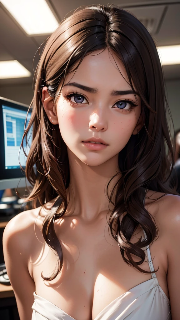 japanese,beautiful browneyes, beautiful lips,(furrowed brow) , longeyelashes,((slender)),((curly hair )),looking away,displeased, office lady, professional business attire, office setting, desk, computer,, (highres,masterpiece:1),detailed,(realistic,photorealistic,photo-realistic:1),HDR,UHD,studio lighting,ultra-fine painting,sharp focus,physically-based rendering,extreme detail description,professional,vivid colors,bokeh,intricate details,highly realistic,photorealistic portrait
