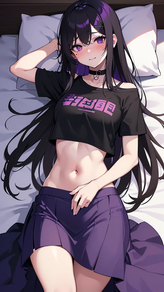 age girl ((White skin)) ((purple eyes)) ((long hair, emo on one eye)) ((black hair)) ((Shy and blushing)) ((small breasts)) ((considerable hips)) ((lying in bed with the shirt slightly raised showing the abdomen)) ((slightly revealing skirt showing thighs)) ((expression of lust and excitement))