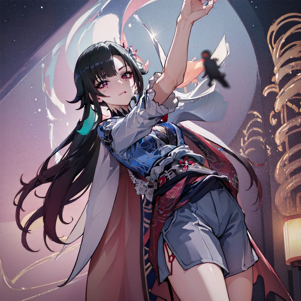 1 Girl, Forrina \(Genshin Impact\), Heterochromia, top hat, Blue Jacket, shorts, Thigh straps, waist-cape, Looking at the audience, Dazzling, blush, Tears, lie, bed sheet, Raise your hand