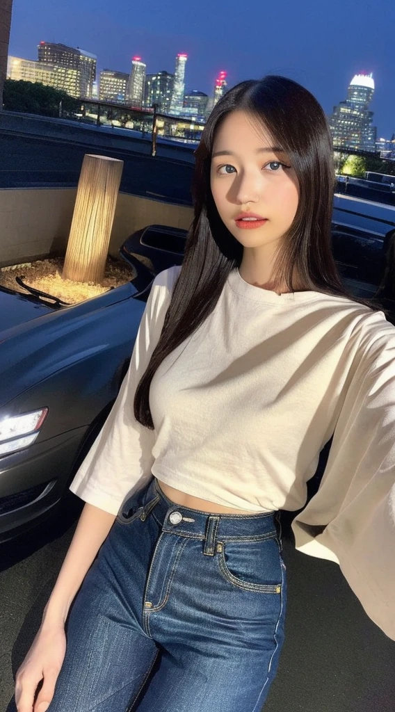 ((Midnight, Acura, 8K, Masterpiece: 1.3)), Full body, Long legs, Focal length: 1.2, Perfect Body Beauty: 1.4, Slim Abs: 1.1, ((Dark Brown Hair, Big Breasts: 1.2 )), (White Skinny T-shirt, Denim Biggies, Standing: 1.2), ((City Night View, Roof: 1.3)), Highly detailed face and skin texture, Detailed eyes, Double eyelids, Half nude