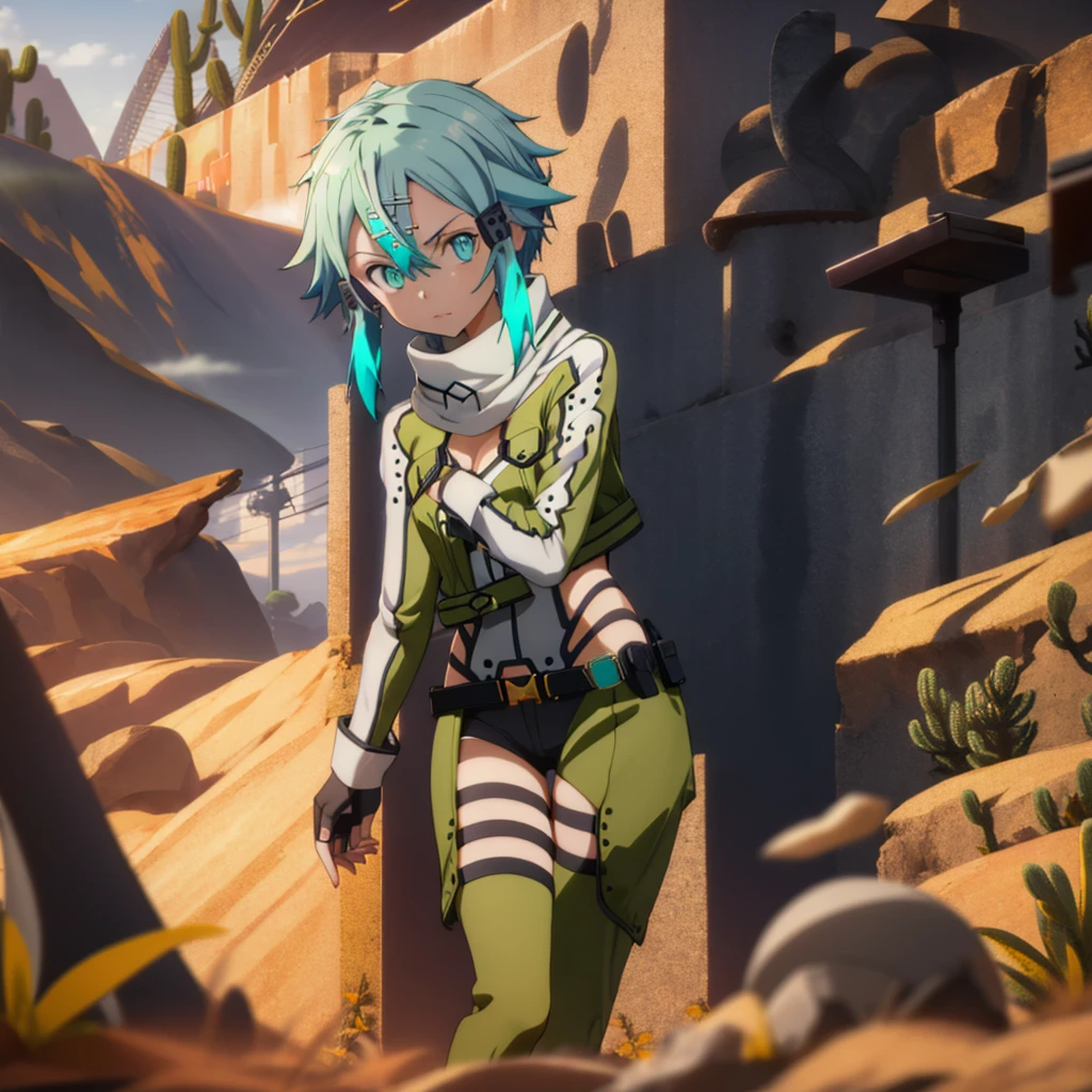 "masutepiece, Intricate details, Vibrant colors, (1 girl: 1.2), EPsoaSinon, (Wear a scarf and fingerless gloves, long sleeves, short shorts, hair ornament, hairclip, green thighhighs, green jacket, thigh strap, hold the pistol), half body shot, Attractive glowing light blue eyes, Background in the desert, cactus, sand, dust, hot sun rays, With incredible 8K resolution."