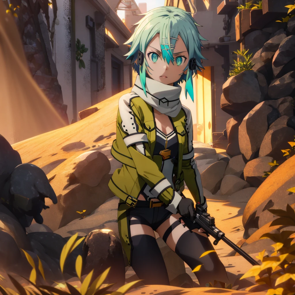 "masutepiece, Intricate details, Vibrant colors, (1 girl: 1.2), EPsoaSinon, (Wear a scarf and fingerless gloves, long sleeves, short shorts, hair ornament, hairclip, green thighhighs, green jacket, thigh strap, hold the pistol), half body shot, Attractive glowing light blue eyes, Background in the desert, cactus, sand, dust, hot sun rays, With incredible 8K resolution."