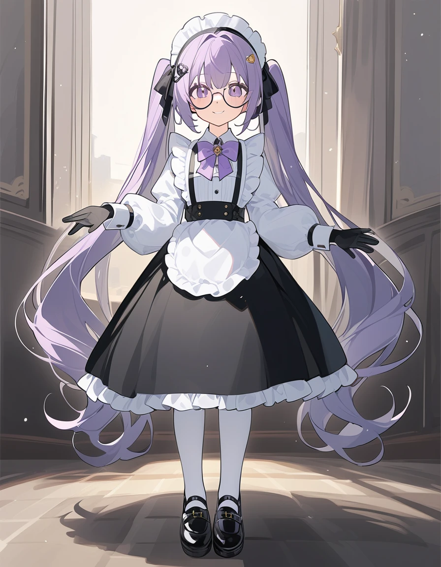 score_9, score_8_up, score_7_up, source_アニメ, 1girl, 独奏, full body, long hair, twintails, maid, oversized clothes, frills, white shirt, long shirt, puffy sleeves, very long sleeves, violet bow tie, bow tie brooch, maid headdress, maid apron, white pantyhose, white apron, black shoes, Pale painting style, One Girl, super high quality, Super Detail, Super Detailed image, long hair, looking at viewer, skirt, shirt, hair ornament, violet eyes, gloves, round glasses, long sleeves, violet hair, braid, open clothes, necktie, black gloves, black skirt, pantyhose, Flat Chest, smile, Anatomically correct, Perfect hands
