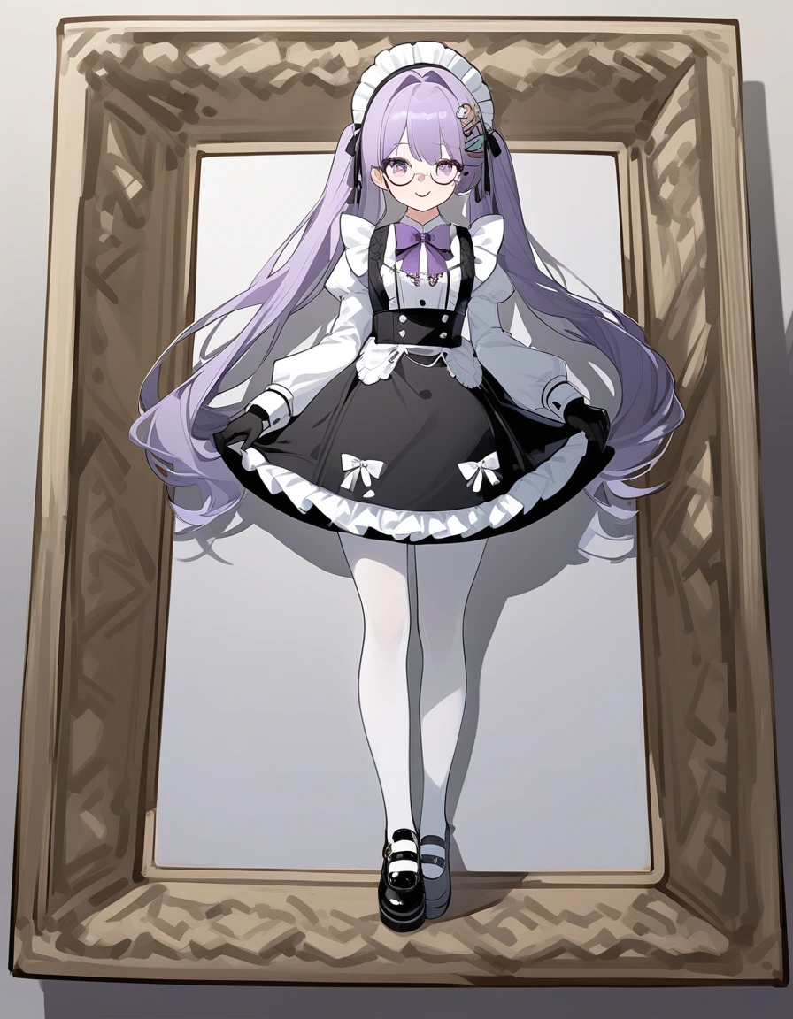 score_9, score_8_up, score_7_up, source_アニメ, 1girl, 独奏, full body, long hair, twintails, maid, oversized clothes, frills, white shirt, long shirt, puffy sleeves, very long sleeves, violet bow tie, bow tie brooch, maid headdress, maid apron, white pantyhose, white apron, black shoes, Pale painting style, One Girl, super high quality, Super Detail, Super Detailed image, long hair, looking at viewer, skirt, shirt, hair ornament, violet eyes, gloves, round glasses, long sleeves, violet hair, braid, open clothes, necktie, black gloves, black skirt, pantyhose, Flat Chest, smile, Anatomically correct, Perfect hands