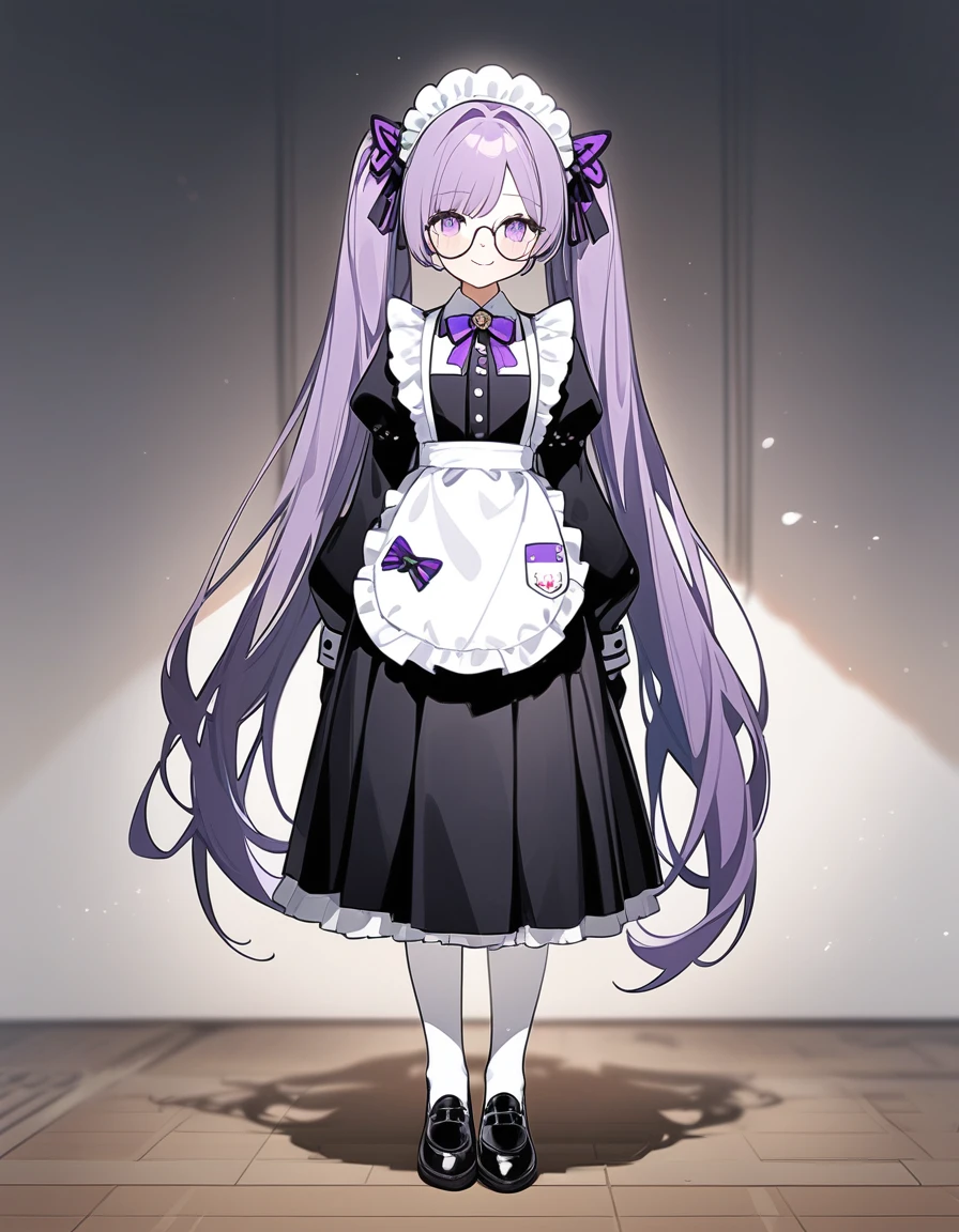 score_9, score_8_up, score_7_up, source_アニメ, 1girl, 独奏, full body, long hair, twintails, maid, oversized clothes, frills, white shirt, long shirt, puffy sleeves, very long sleeves, violet bow tie, bow tie brooch, maid headdress, maid apron, white pantyhose, white apron, black shoes, Pale painting style, One Girl, super high quality, Super Detail, Super Detailed image, long hair, looking at viewer, skirt, shirt, hair ornament, violet eyes, gloves, round glasses, long sleeves, violet hair, braid, open clothes, necktie, black gloves, black skirt, pantyhose, Flat Chest, smile, Anatomically correct, Perfect hands