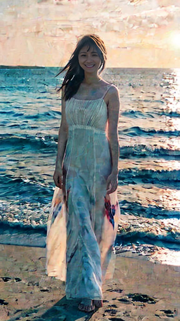 A girl standing by the sea, looking out at the ocean with a slightly melancholic expression, full shot body photo of the most beautiful artwork in the world featuring beautiful girl standing next to the sea in a long dress and smiling. High detail of a sea breeze and wind blowing on a summer day at sunset. Intricate, High Detail, Sharp focus, dramatic, photorealistic painting art by midjourney and greg rutkowski