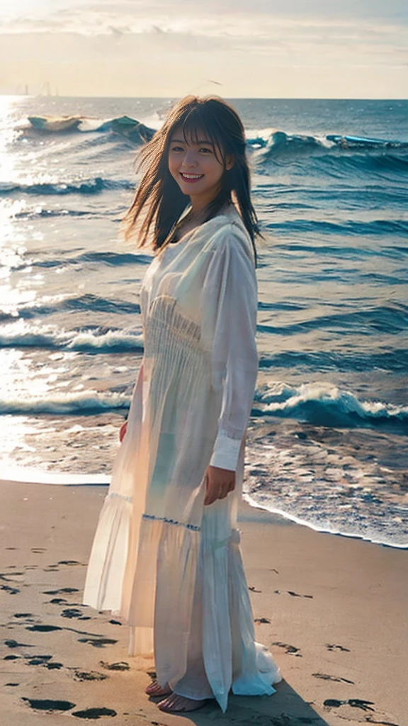 A girl standing by the sea, looking out at the ocean with a slightly melancholic expression, full shot body photo of the most beautiful artwork in the world featuring beautiful girl standing next to the sea in a long dress and smiling. High detail of a sea breeze and wind blowing on a summer day at sunset. Intricate, High Detail, Sharp focus, dramatic, photorealistic painting art by midjourney and greg rutkowski