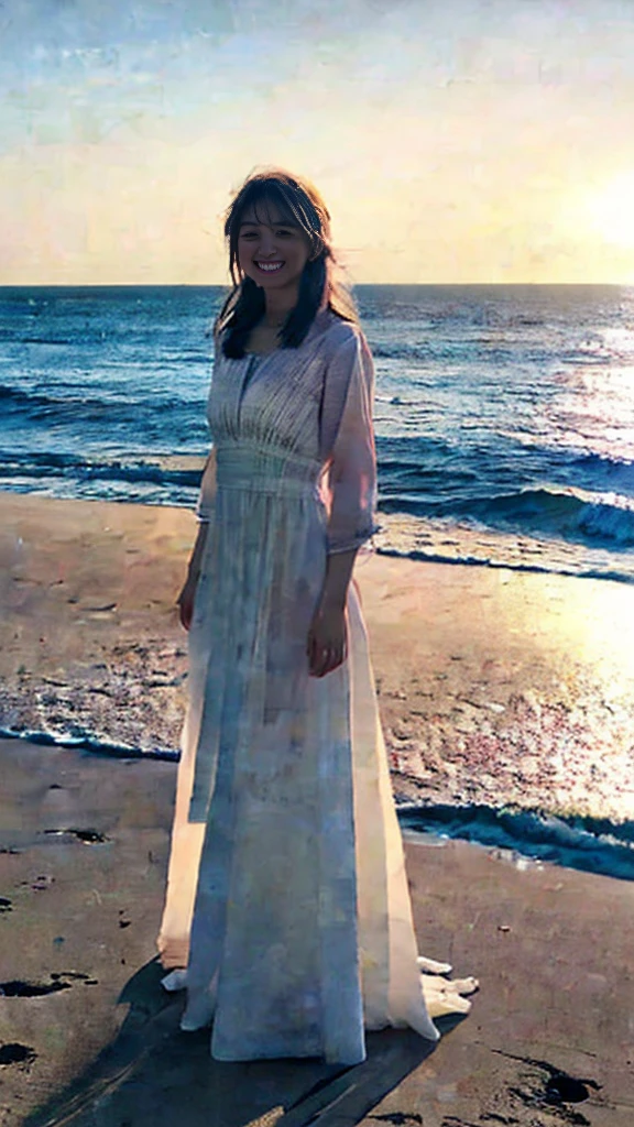 A girl standing by the sea, looking out at the ocean with a slightly melancholic expression, full shot body photo of the most beautiful artwork in the world featuring beautiful girl standing next to the sea in a long dress and smiling. High detail of a sea breeze and wind blowing on a summer day at sunset. Intricate, High Detail, Sharp focus, dramatic, photorealistic painting art by midjourney and greg rutkowski