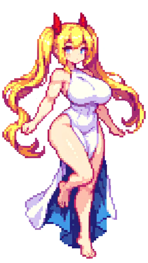 throw kiss,muscle,devil,barefoot,{{lift one leg}},{{very muscular}},{{very gigantic breasts}} ,{{very curvy}} , ,masterpiece , best quality , pixel art , 1 girl ,{full body},  voluptuous ,twintails,blonde hair ,white dress,white background 