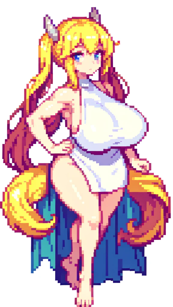 throw kiss,muscle,devil,barefoot,{{lift one leg}},{{very muscular}},{{very gigantic }} ,{{very curvy}} , ,masterpiece , best quality , pixel art , 1 girl ,{full body},  voluptuous ,twintails,blonde hair ,white dress,white background 