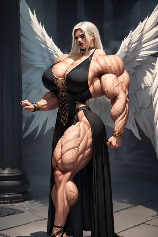 (((((Massive, tall, beautiful, light brown skinned, buff, muscular woman with white hair, black lipstick, ginormous bulky muscles, giant angel wings and wearing a long black pleated dress))))), (close view), (massive muscle), massive biceps, hyper muscle shoulders, vascular shoulders, hyper muscle triceps, giant angel wings, (long straight hair), blue eyes, (long pleated dress), (wristbands), choker, high heels, (in a misty city), fingerless gloves, closed smile, night, hyper vascular arm, hyper muscles arms, hyper muscle legs, massive arms.