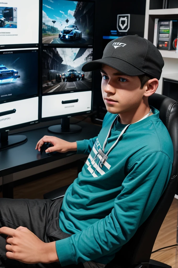 A boy who is set on his gaming setup playing forza horizon 5