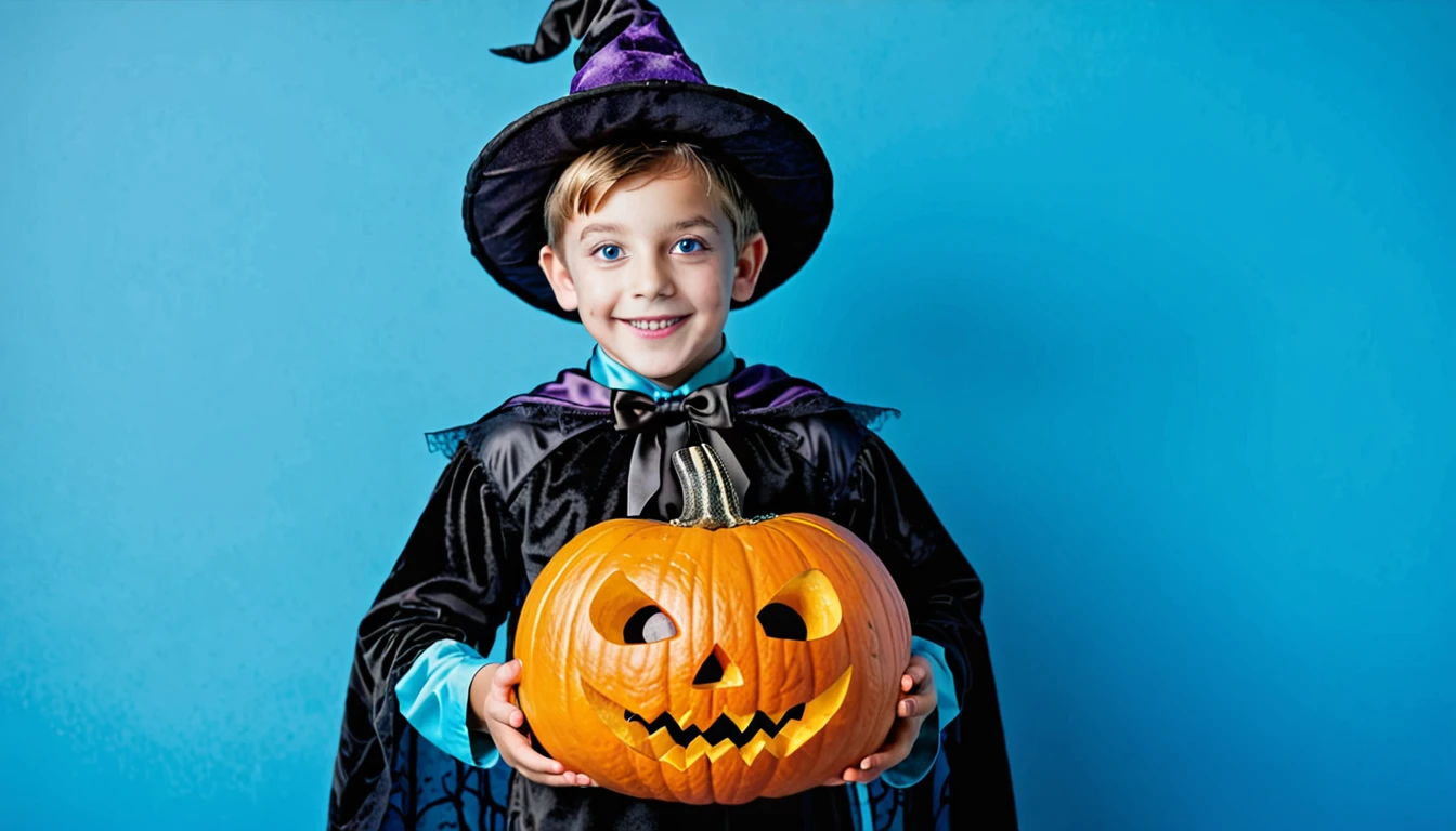 boy wearing halloween costume standing holding spooky pumpkin on bright blue background