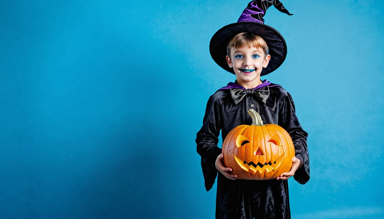 boy wearing halloween costume standing holding spooky pumpkin on bright blue background