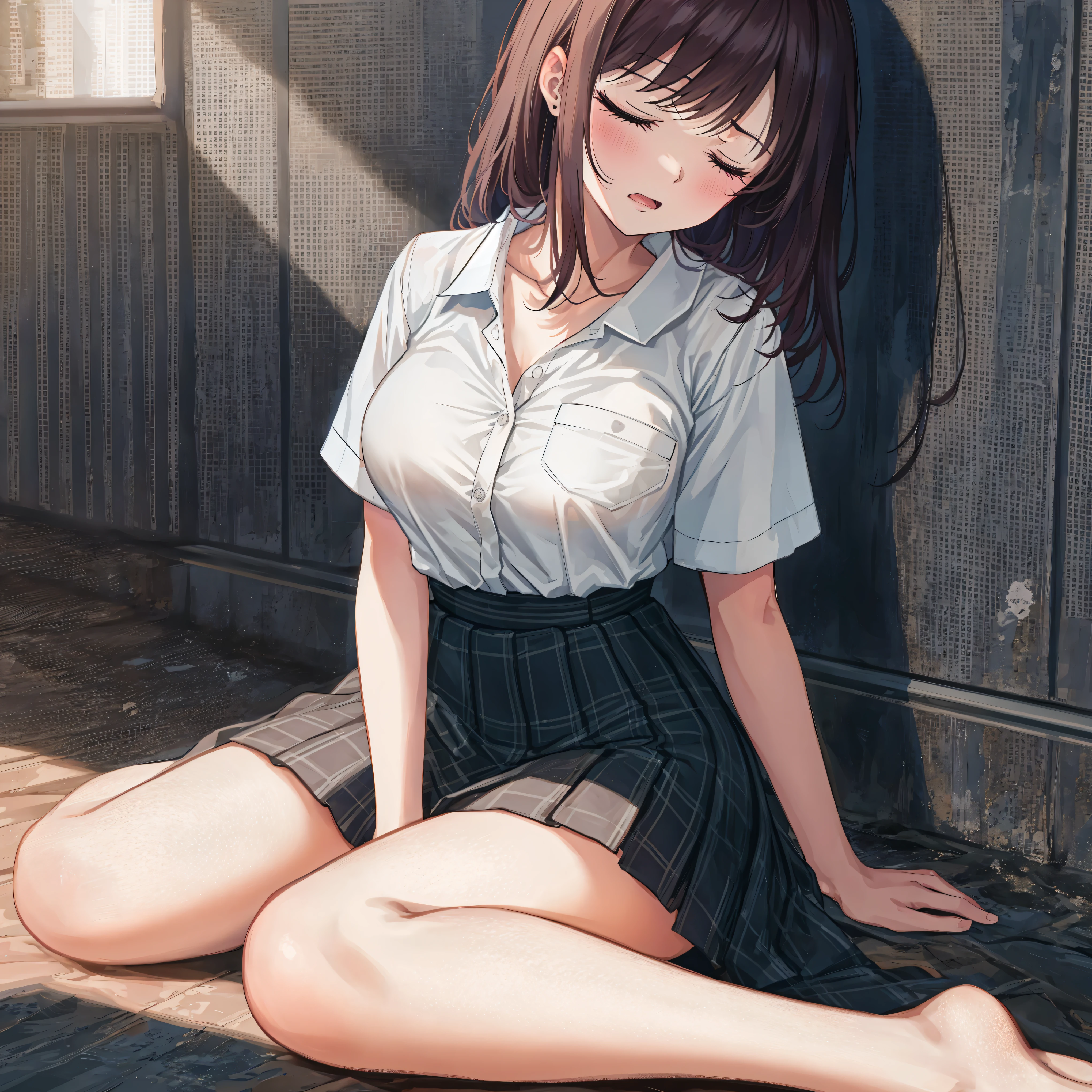 nsfw,hair dark brown 1;4,closed eyes,closed mouth,angry ,{{high quality bra}},I&#39;m scared,Abandoned school building at night,Sitting on the ground,{{beautiful large and medium size breasts 1:4}}, {{schoolgirl}}, black pleated skirt, top quality, From Below, cute girl, High quality background, slanted eyes, detailed shirt chest wrinkles, {{{high school girl}}}, BREAK, {{beautiful blue eye1:4}}, BREAK, five fingers