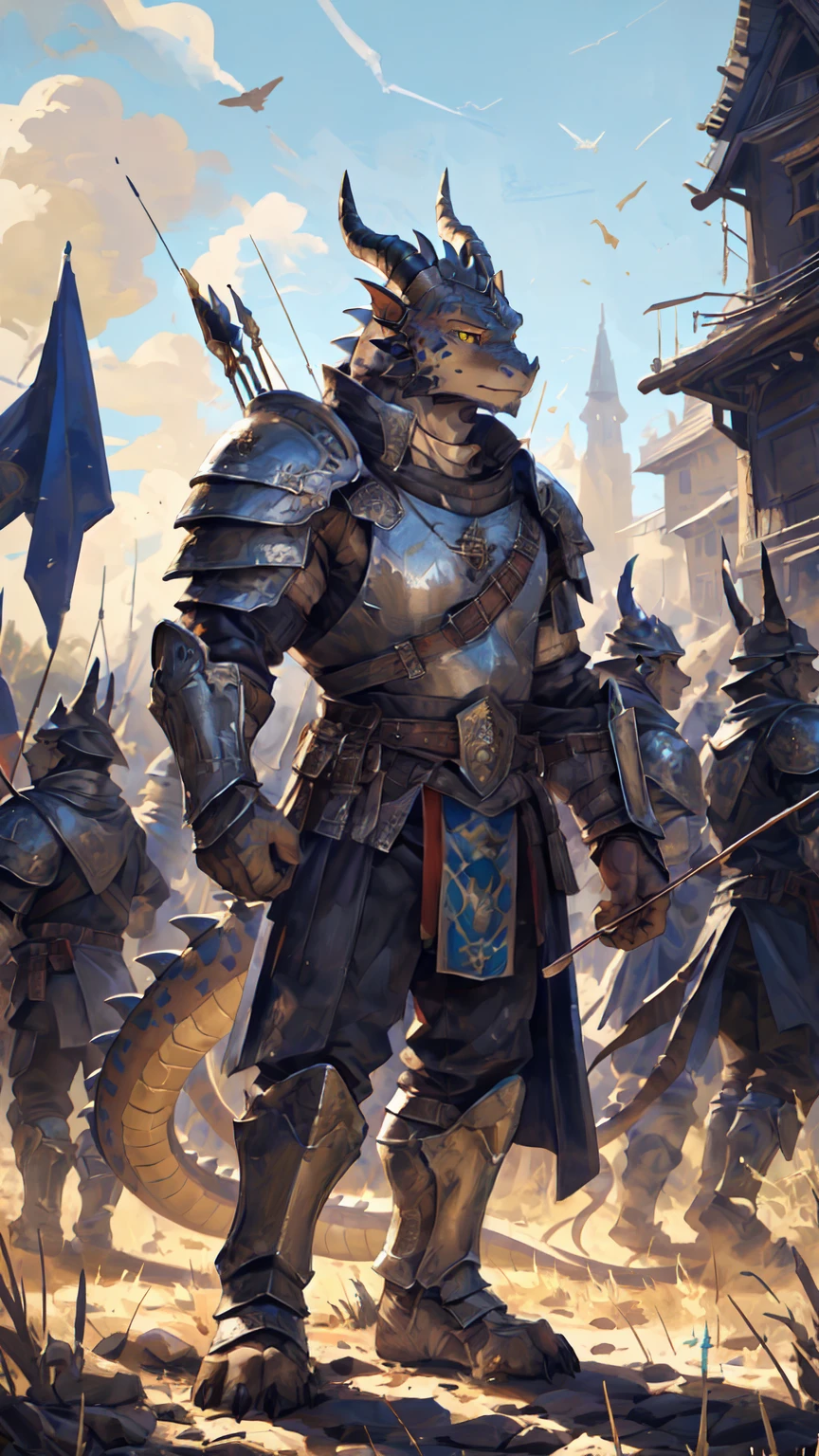 ((middle Ages:1.4,Battlefield Background:1.4)),Royal Family:1.2,(There are teammates behind:1.6),((Heavy Crossbowman:1.3)),Sunlight,high resolution,4K,gay,(((whole body:1.1,Strike a pose))),masterpiece,high quality,((dragon)),male,dragonFurry,(ager:1.3),hairy,((brave,peaceful:1.4)),((Crossbow in hand:1.3)),(((Lean:1.4,Long legs:1.3,Thick dragon tail:1.2))),(((Gray head:1.2,Golden pupils:1.2,Yellow neck:1.3,Gray Hands:1.4,muscle:1.3))),(((White Armor:1.3,There is a blue flag on the armor:1.4))),Mature face,Exquisite eyes,Detailed body,Detailed hands,Detailed feet,Kenket's Art