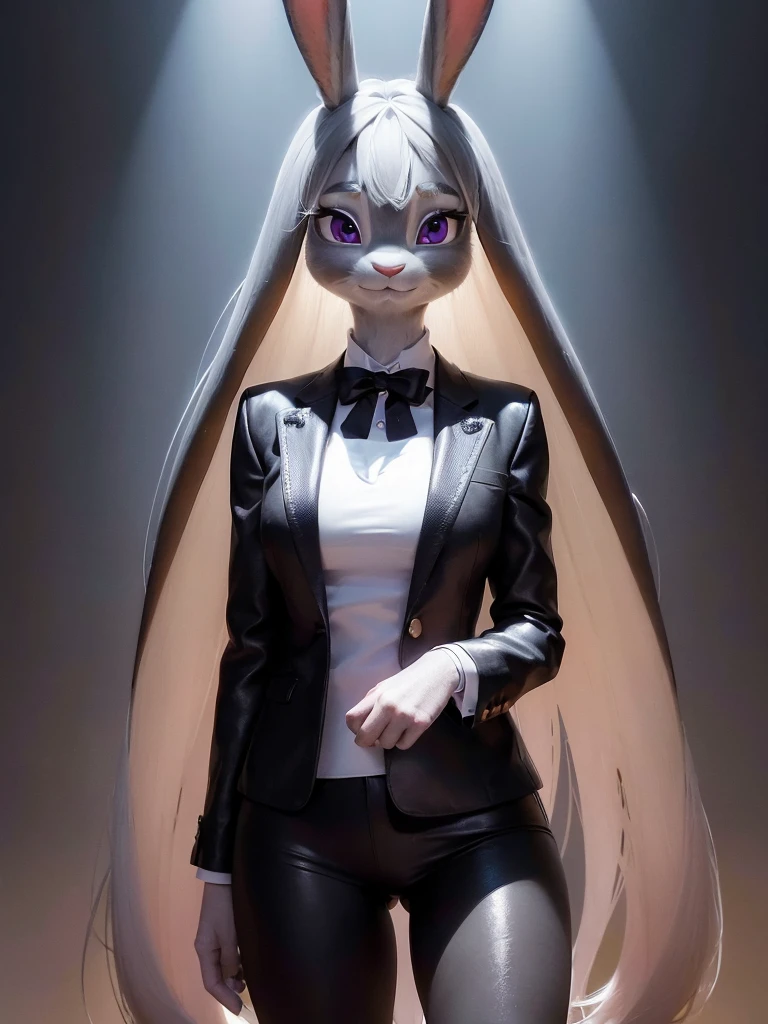 best quality,
masterpiece,
hyper Realistic,
ultra-detailed,
beautiful detailed,
4K,8K,High level,
PIXAR,
Photo real,
medium shot,
Looking at the audience upside,
background in bloom office,
Realistic lighting,
((anthropomorphic rabbit)),
detailed animals,
Complex patterns,
(furry:1.35),
(Whole skin is gray:1.35),
(body is fluffy and bushy:1.35),
Realistic fur,
((human hands)),
(Face is JudyHopps:1.35),
((long straight hair))
wispy bangs, bangs,
purple eyes,
{highlight on eyes, crisp eyes, sparkle in the eyes, round big pupils},
detailed iris,
(rised eyebrows:1.2),
(Crescent Brows:1.3),
(rabbit ears:1.1),
Smile,
Big Smile,
Innocent smile,
raised corners of mouth,
office lady is wearing suit,
((White blouse)) BREAK ((Black blazer)) BREAK ((Black pants)),
clothes made of wool,
(solo:1.5),
(1 lady:1.5),
one character only
alone,
Perfect Anatomy,
highlight,
sunlight,
daylight,
intricate details,
ray tracing,
photorealistic,
lighter shadows,